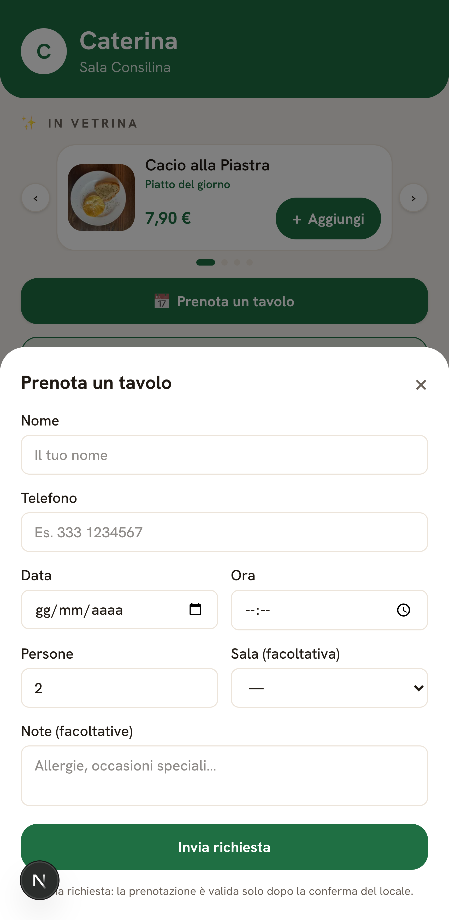 Prenotazione tavolo