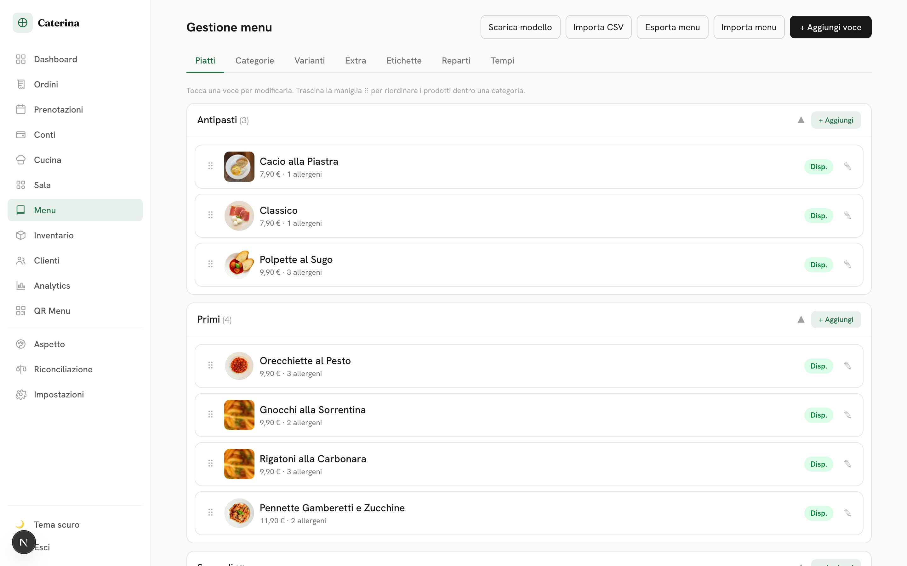 Gestione del menu