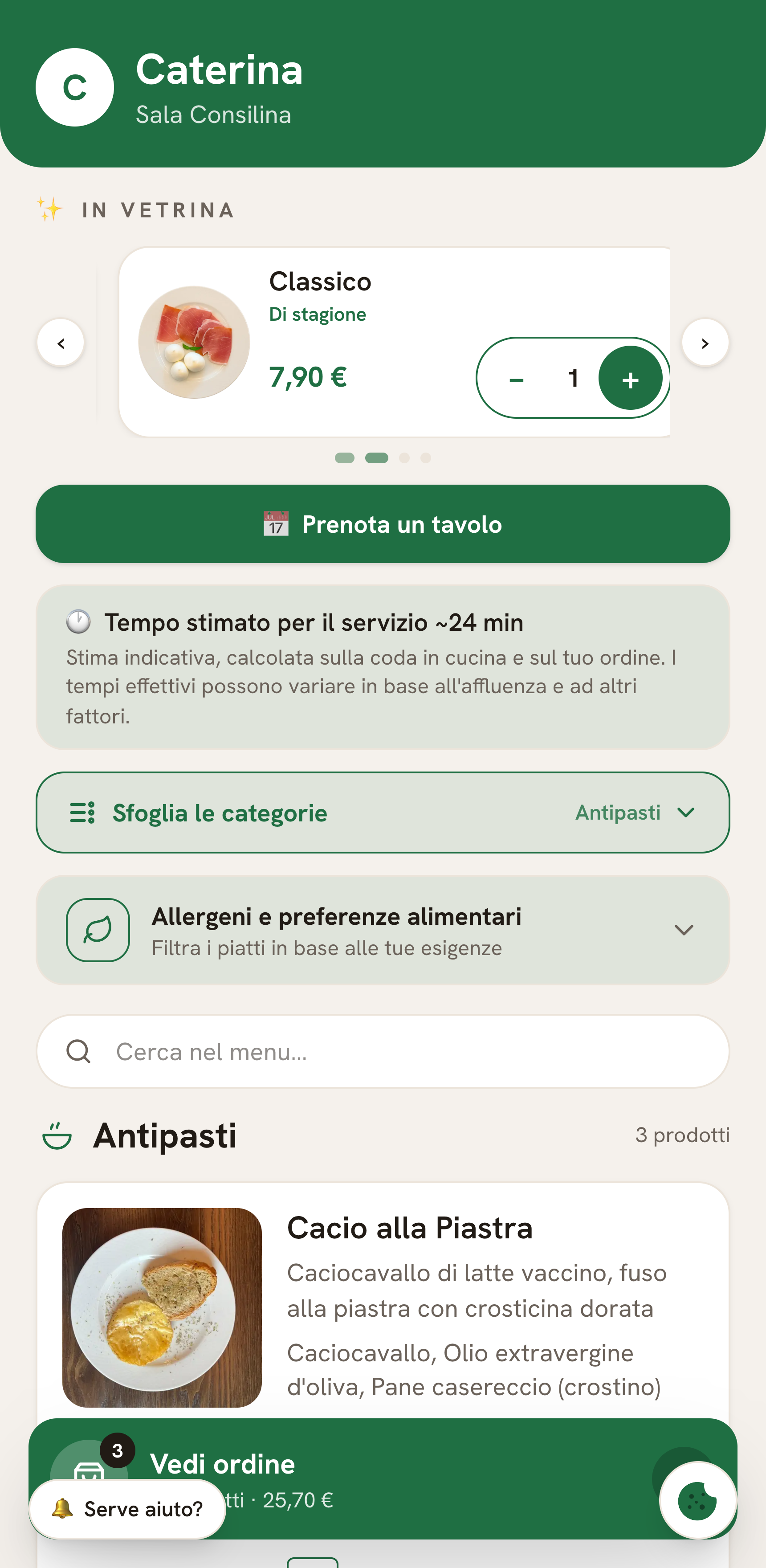 Tempo stimato per il servizio sul menu