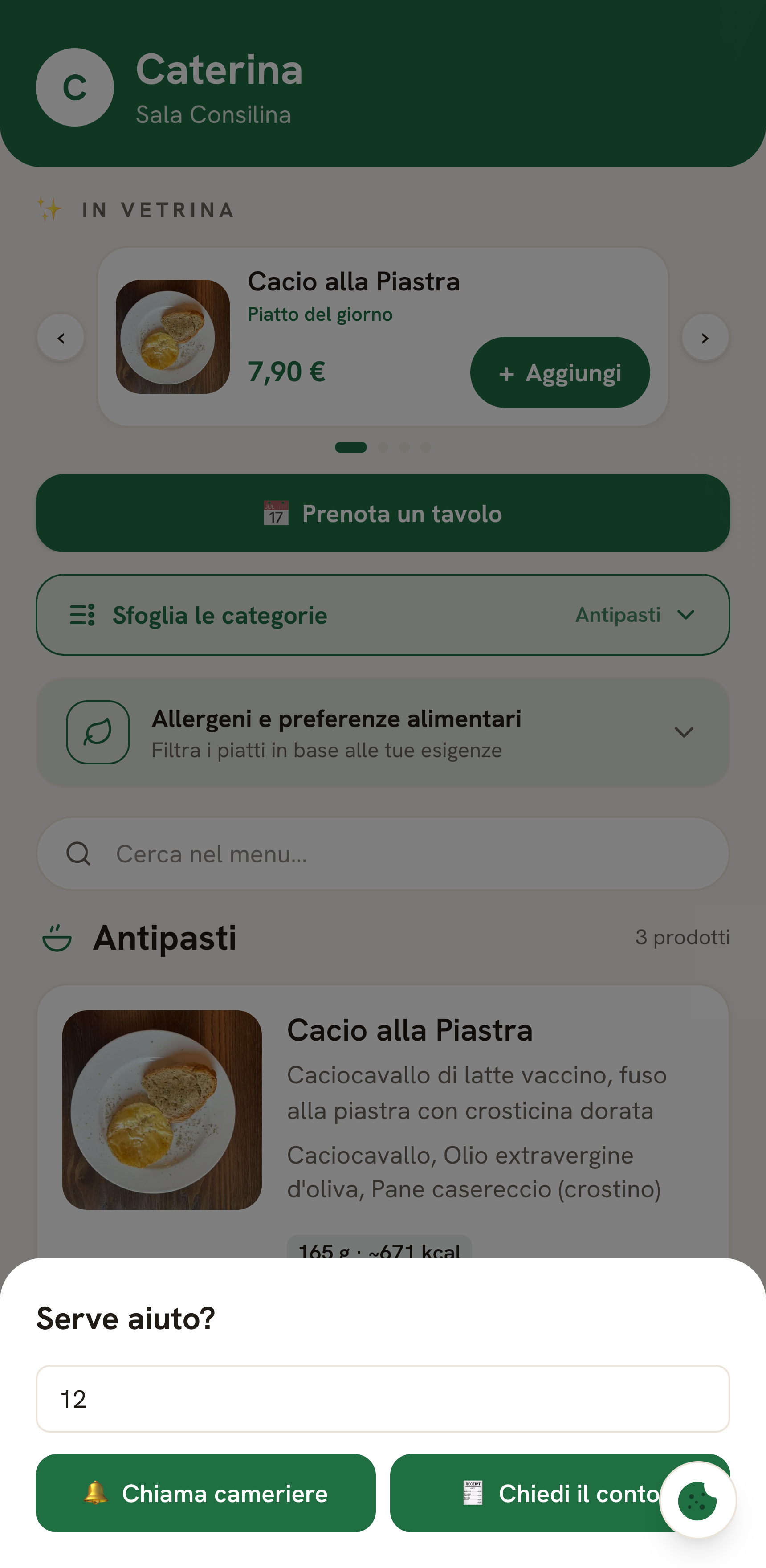 Chiama il cameriere o chiedi il conto dal menu