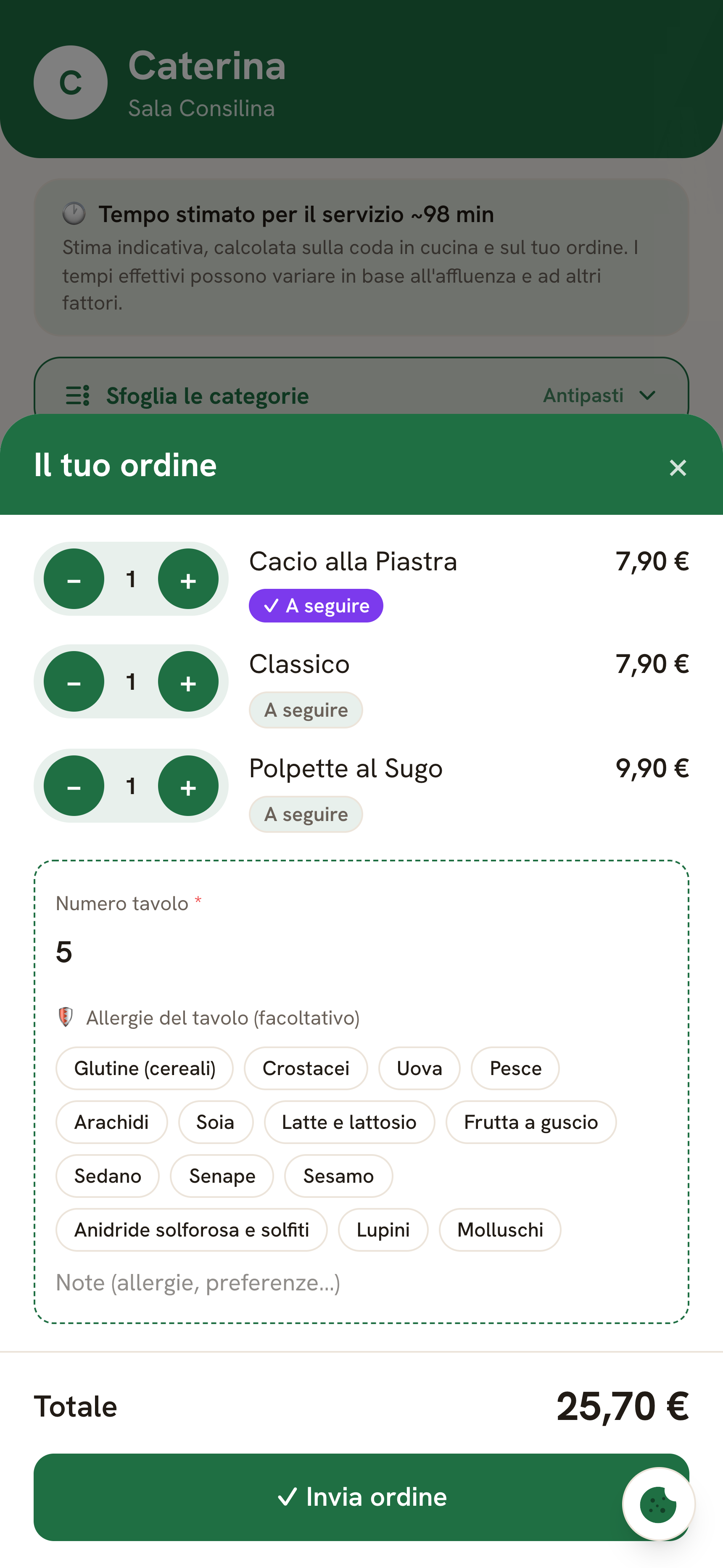 Piatto «a seguire» nel riepilogo dell’ordine